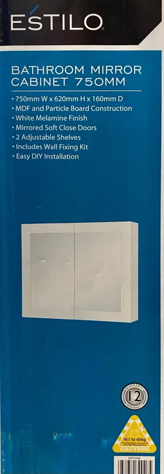 Estilo Bathroom Mirror Cabinet 750 x 620 x 160mm. Easy DIY. Soft close doors.