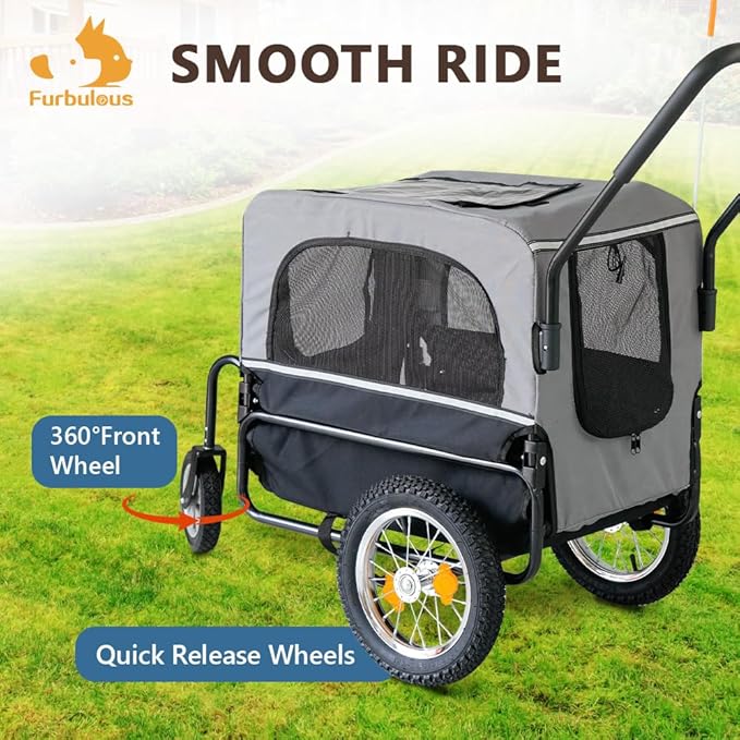Furbulous 2-in-1 Pet Bike Trailer and Jogging Stroller - Grey/Black