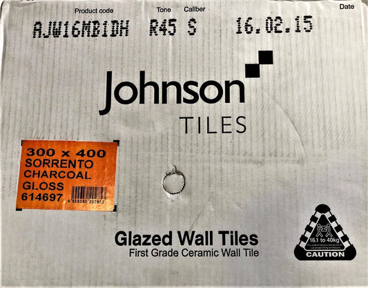 WALL TILES  JOHNSON CERAMIC GLOSS  30 x 40cm Sorrento Charcoal 12 Tiles per Box