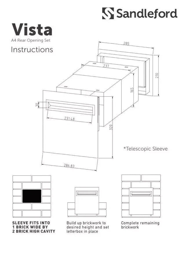 Sandleford Vista A4 Rear Open Brick Insert Letterbox - SSteel Front / Black Back