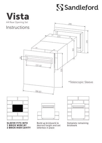 Sandleford Vista A4 Rear Open Brick Insert Letterbox - SSteel Front / Black Back