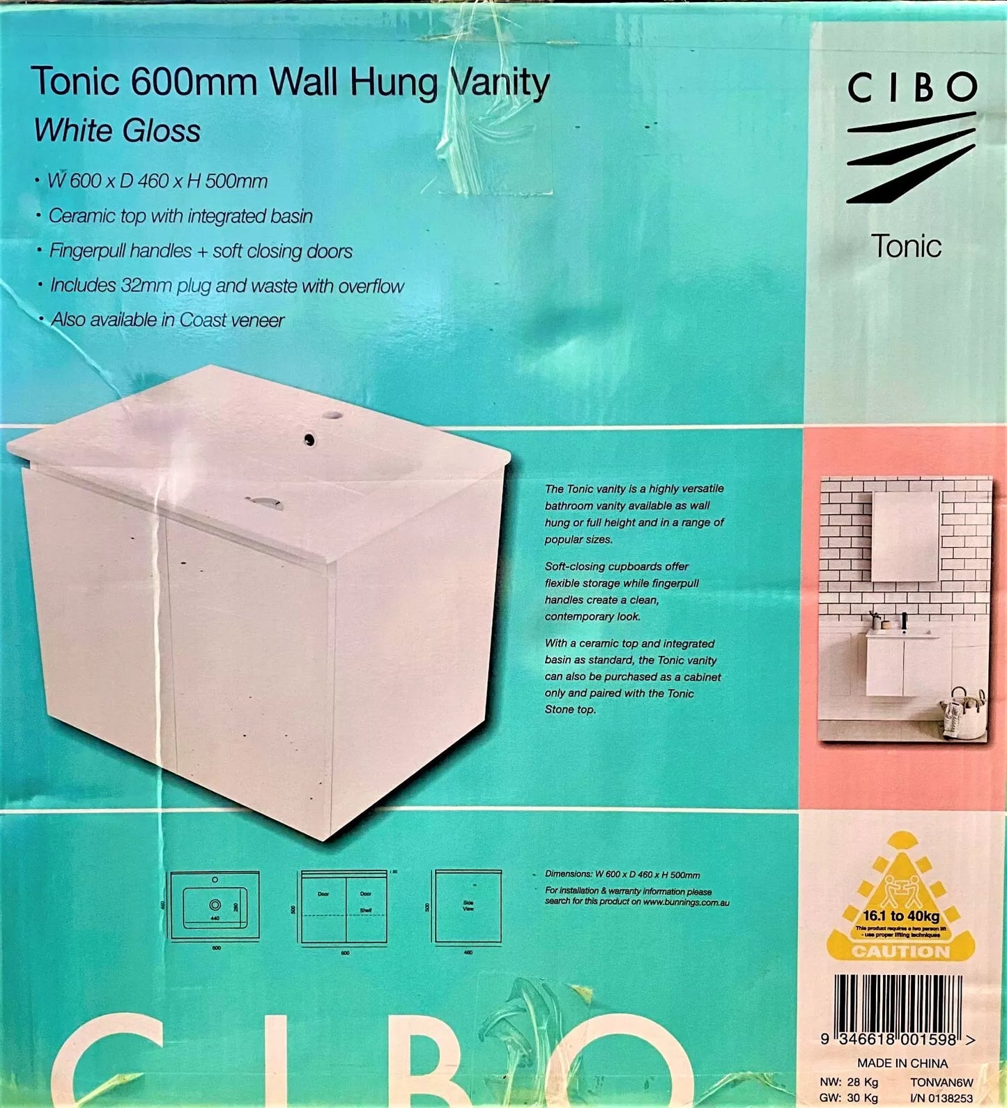 Cibo Design Tonic 60w x 46d x 50h cm Wall Hung Vanity White Gloss- Ceramic Top