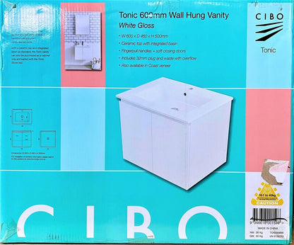 Cibo Design Tonic 60w x 46d x 50h cm Wall Hung Vanity White Gloss- Ceramic Top