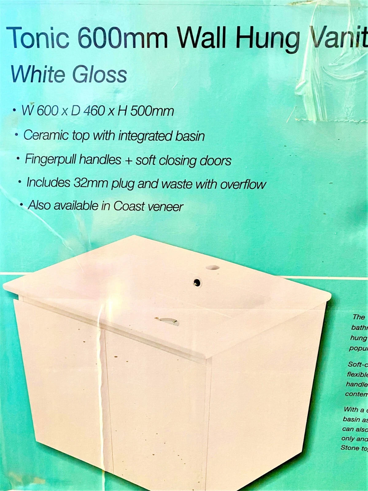 Cibo Design Tonic 60w x 46d x 50h cm Wall Hung Vanity White Gloss- Ceramic Top