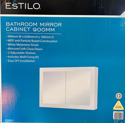 Estilo Bathroom Mirror Cabinet  900 x 620 x 160mm. Easy DIY. Soft close doors.