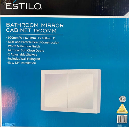 Estilo Bathroom Mirror Cabinet  900 x 620 x 160mm. Easy DIY. Soft close doors.