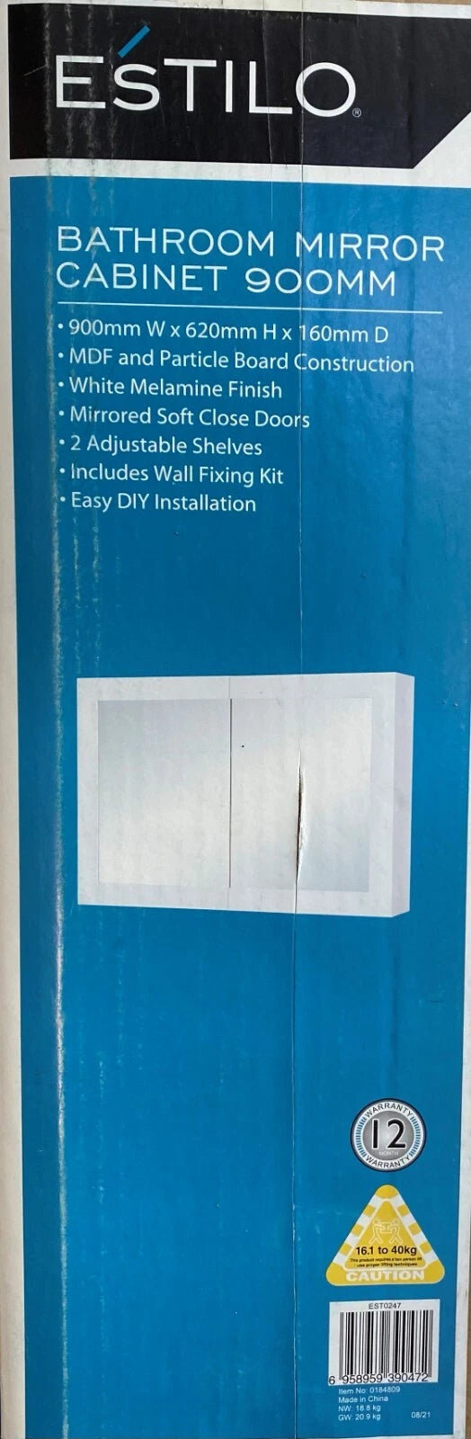 Estilo Bathroom Mirror Cabinet  900 x 620 x 160mm. Easy DIY. Soft close doors.