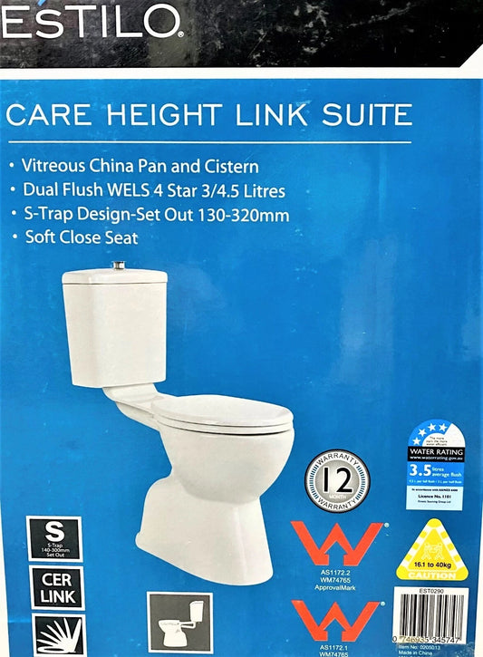 Estilo Care Height Link Toilet Suite Wels 4 Star Pan & Cistern. Soft Close seat.