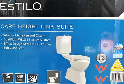 Estilo Care Height Link Toilet Suite Wels 4 Star Pan & Cistern. Soft Close seat.