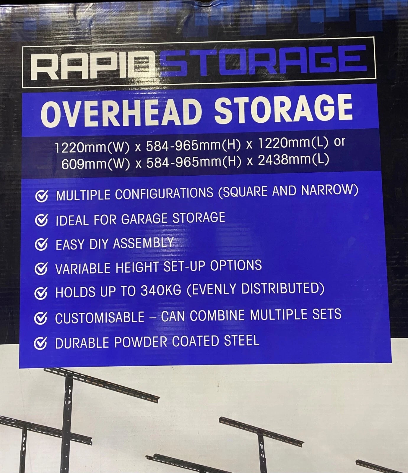 GARAGE OVERHEAD STORAGE RACK MULTIPLE CONFIGURATIONS HOLDS UP TO 340kgs EASY DYI