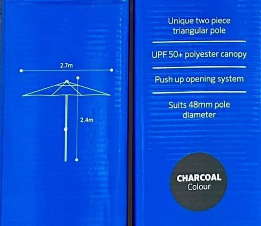 Coolaroo 2.7m Chelsea Outdoor Round Market Umbrella Aluminium Frame -Charcoal